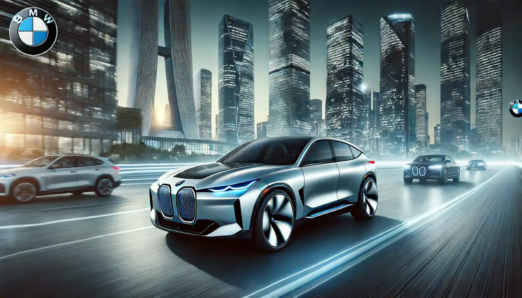 BMW electric vehicle driving through a sleek, modern cityscape at dusk. The car features cutting-edge design and advanced tech