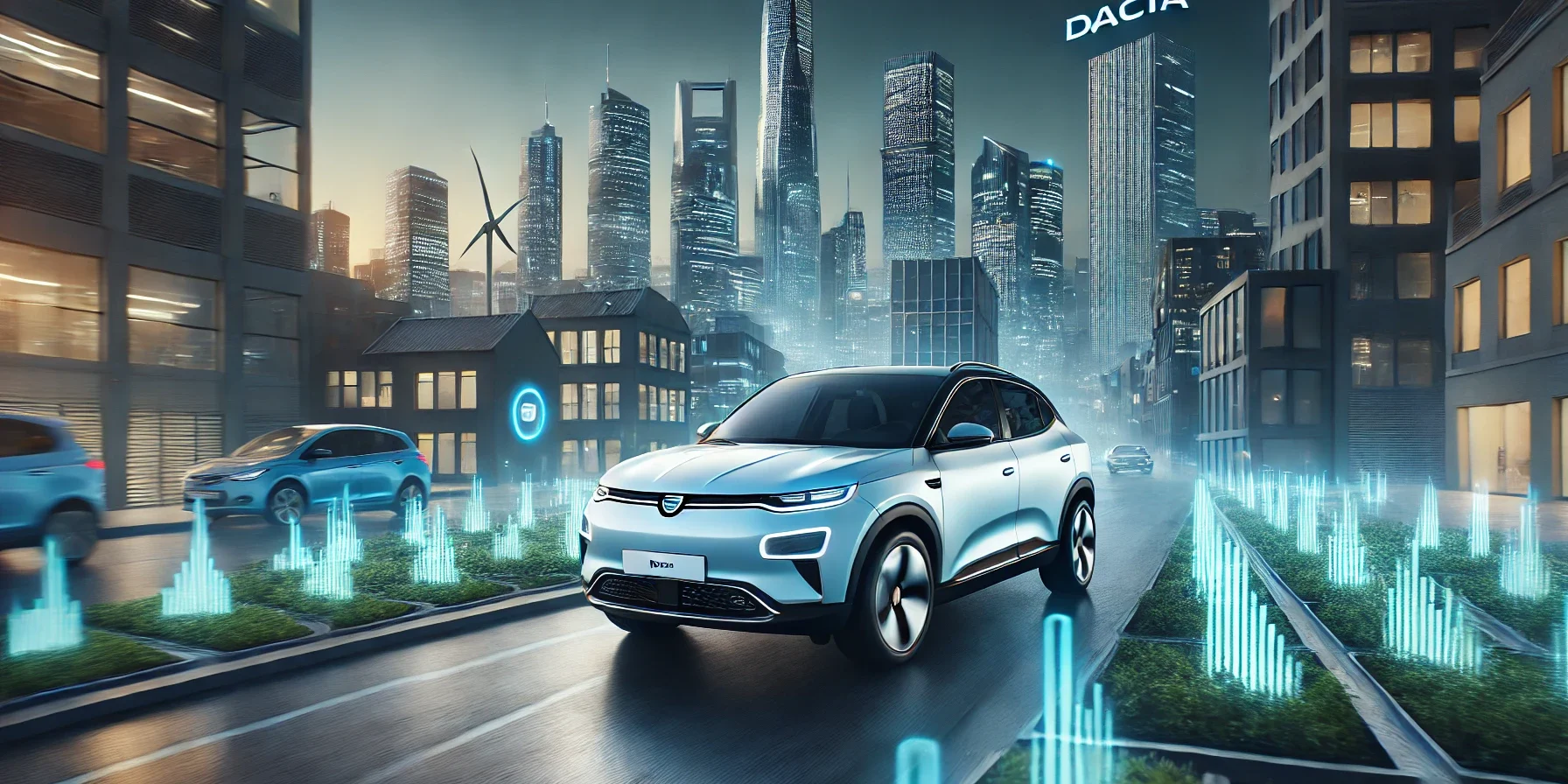 Dacia electric vehicle driving through a futuristic cityscape at twilight. The car features advanced technology and sustainable design, highl