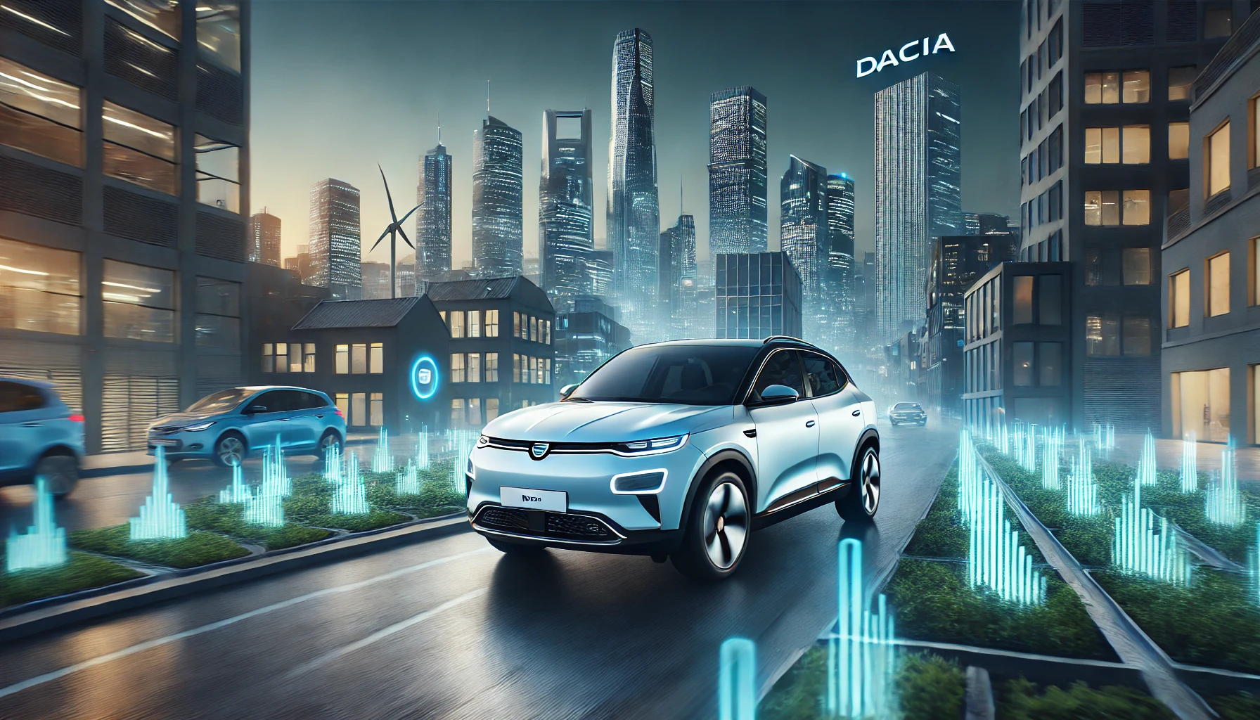 Dacia electric vehicle driving through a futuristic cityscape at twilight. The car features advanced technology and sustainable design, highl