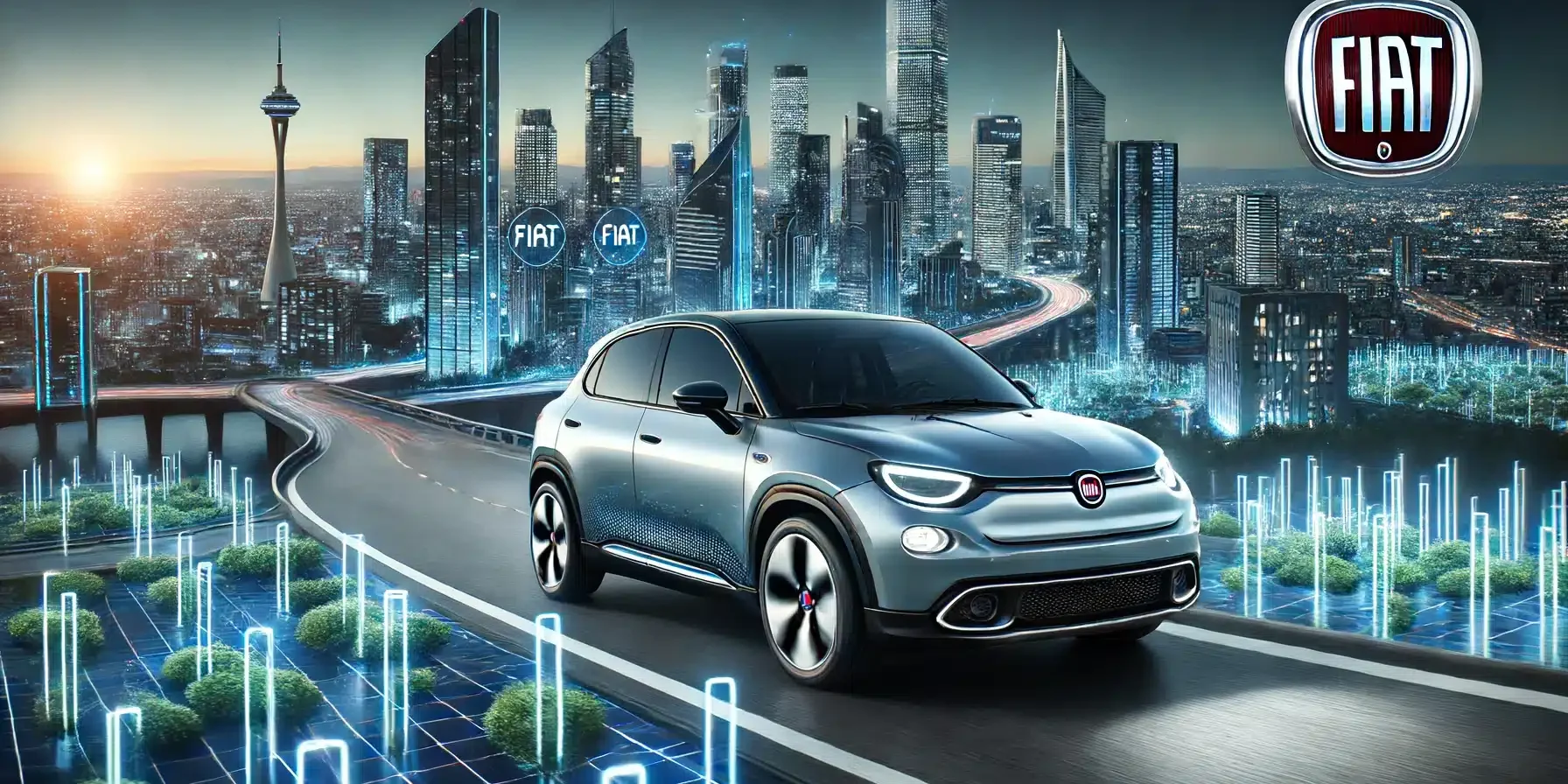 Fiat electric vehicle driving through a futuristic cityscape at dusk. The car features advanced technology and sustainable design, hig