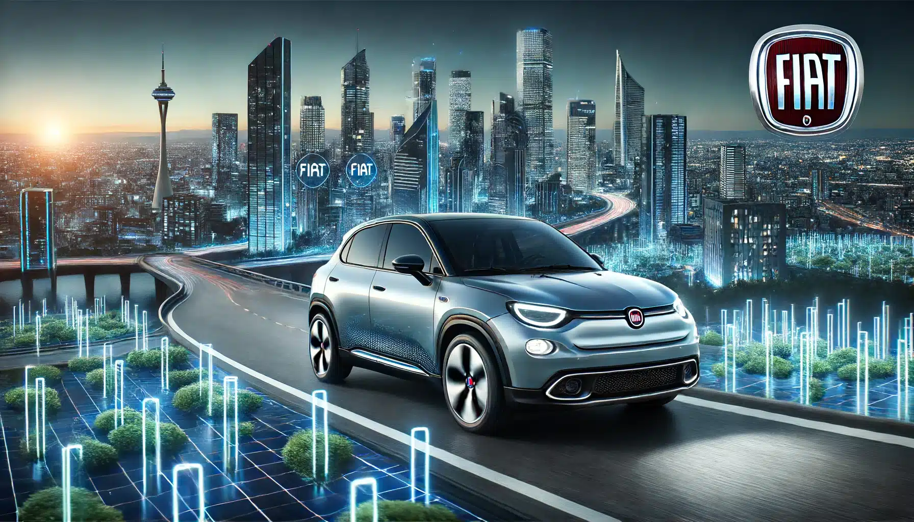 Fiat electric vehicle driving through a futuristic cityscape at dusk. The car features advanced technology and sustainable design, hig