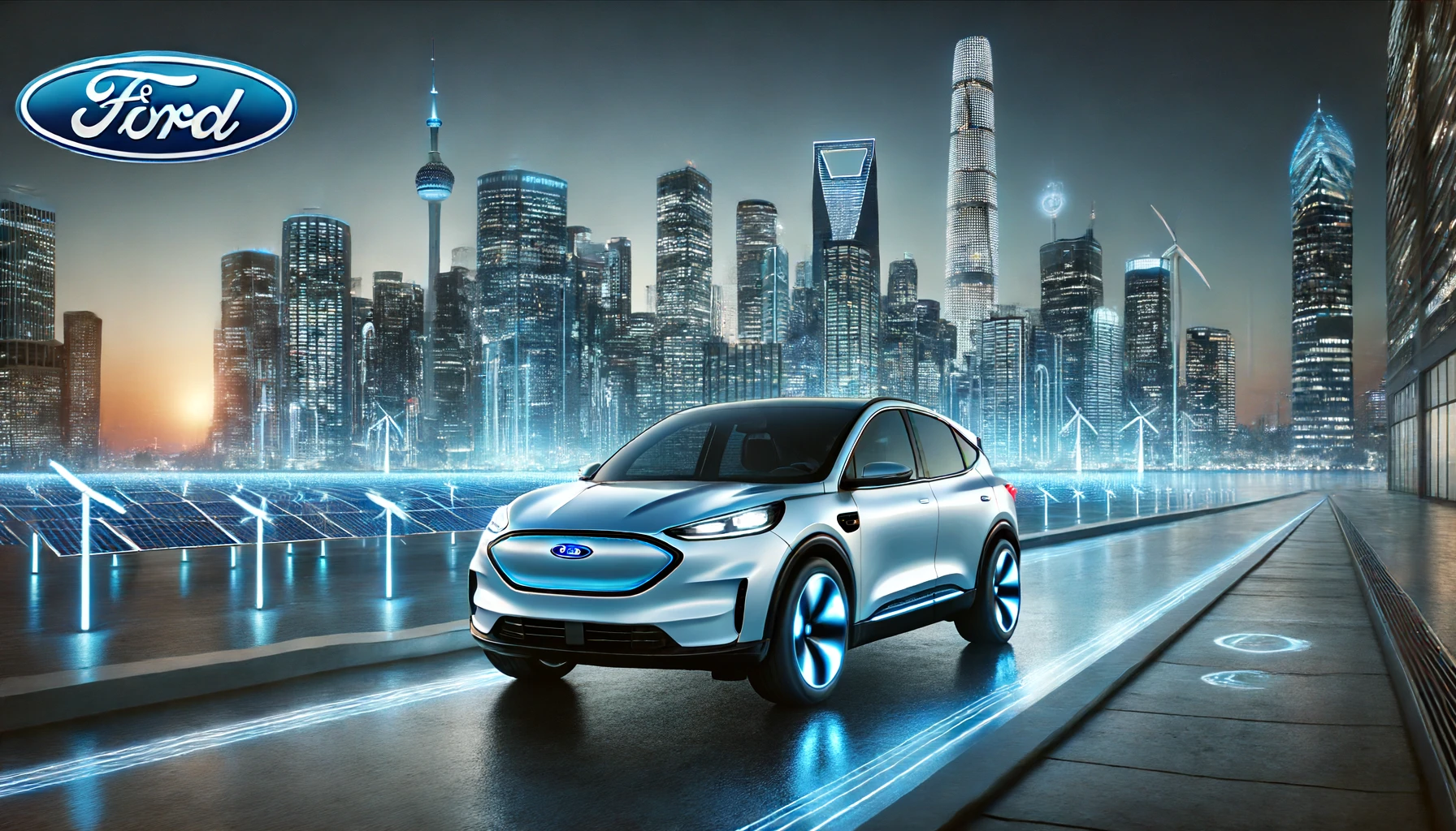Ford electric vehicle driving through a futuristic cityscape at twilight. The car features advanced technology and sustainable design, highli