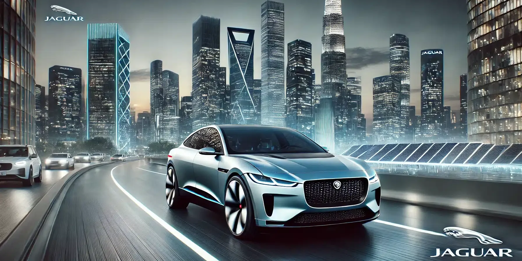 Jaguar electric vehicle driving through a sleek, modern cityscape at twilight. The car features cutting-edge design and advanc