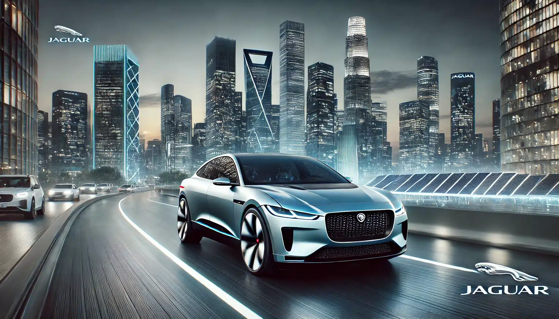 Jaguar electric vehicle driving through a sleek, modern cityscape at twilight. The car features cutting-edge design and advanc