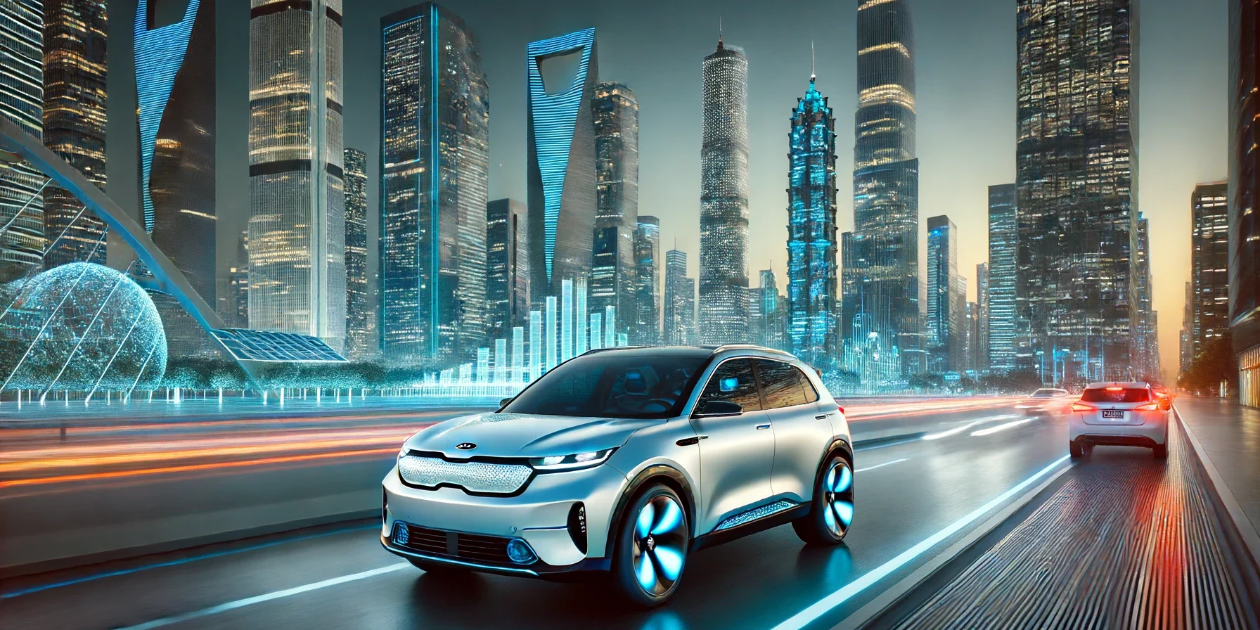Kia electric vehicle driving through a sleek, modern cityscape at twilight. The car features advanced technology and sustainable design,