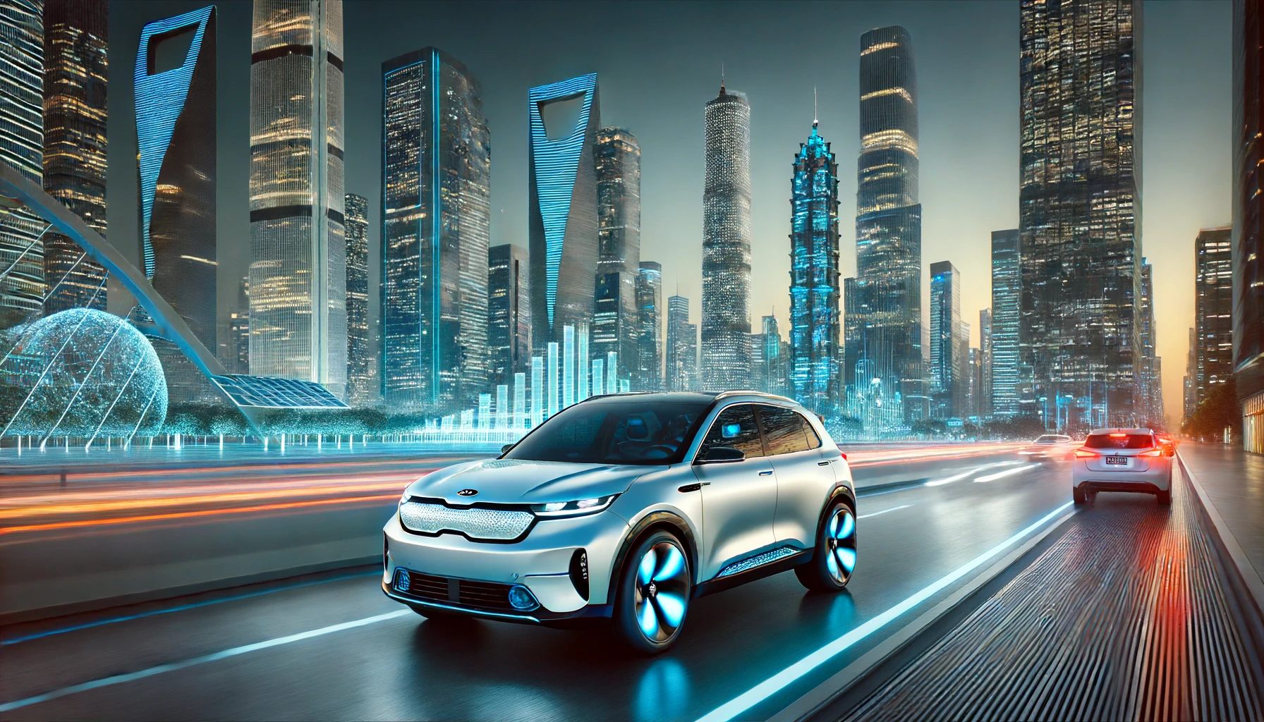 Kia electric vehicle driving through a sleek, modern cityscape at twilight. The car features advanced technology and sustainable design,
