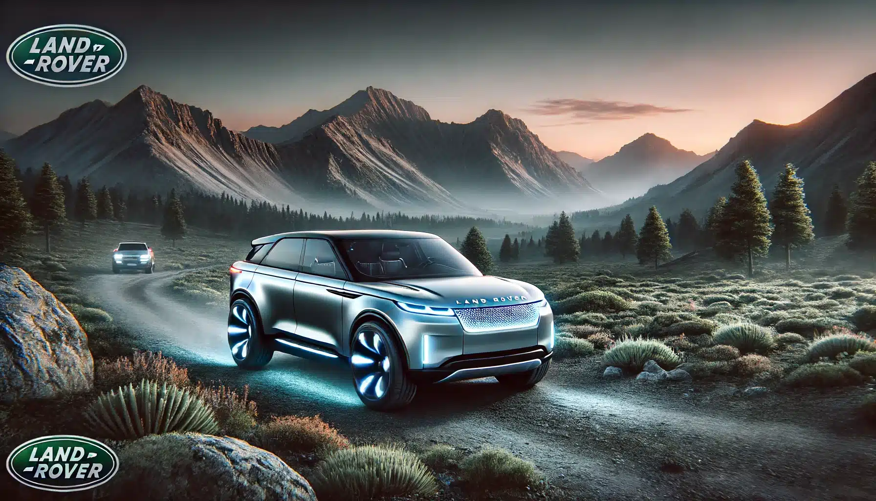 Land Rover electric vehicle driving through a rugged, scenic landscape at twilight. The car features advanced technology and sustainable