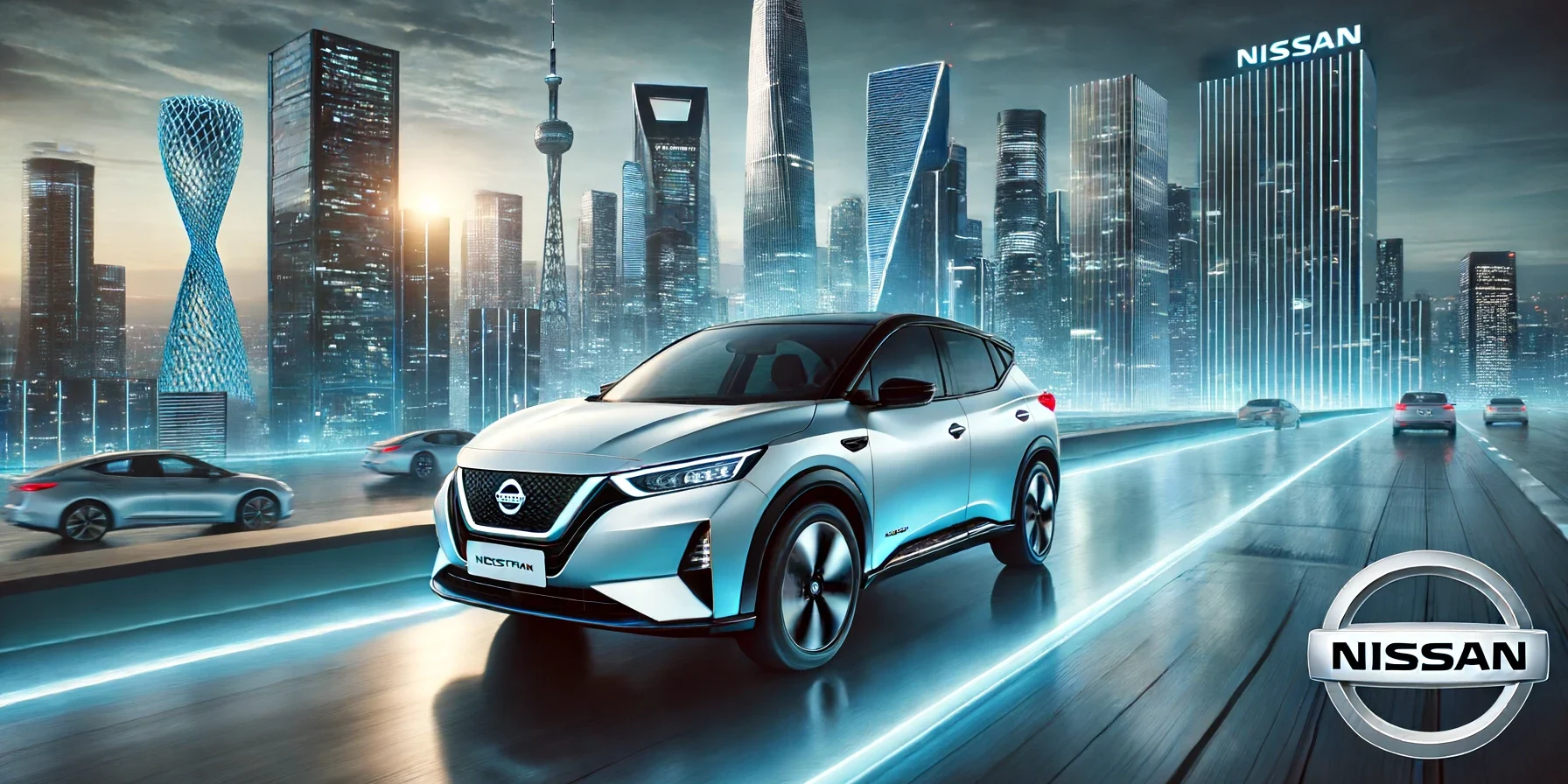 Nissan electric vehicle driving through a sleek, futuristic cityscape at twilight. The car features advanced technology and sustainable desig