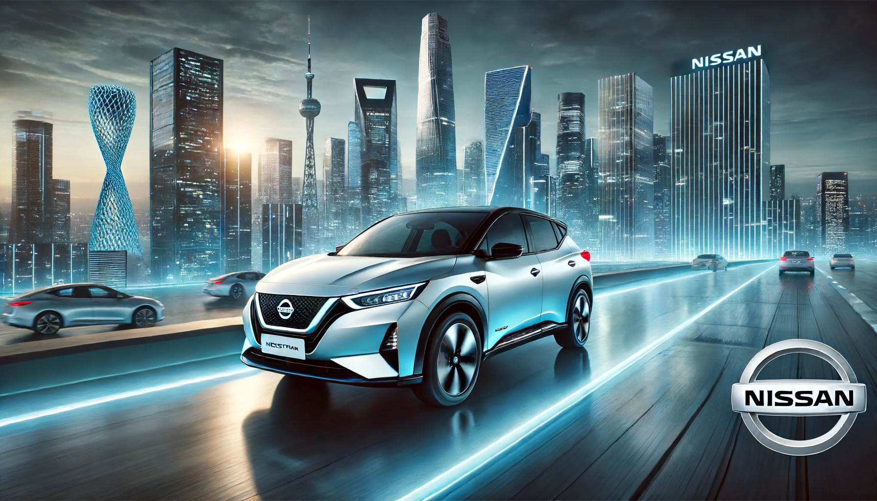 Nissan electric vehicle driving through a sleek, futuristic cityscape at twilight. The car features advanced technology and sustainable desig