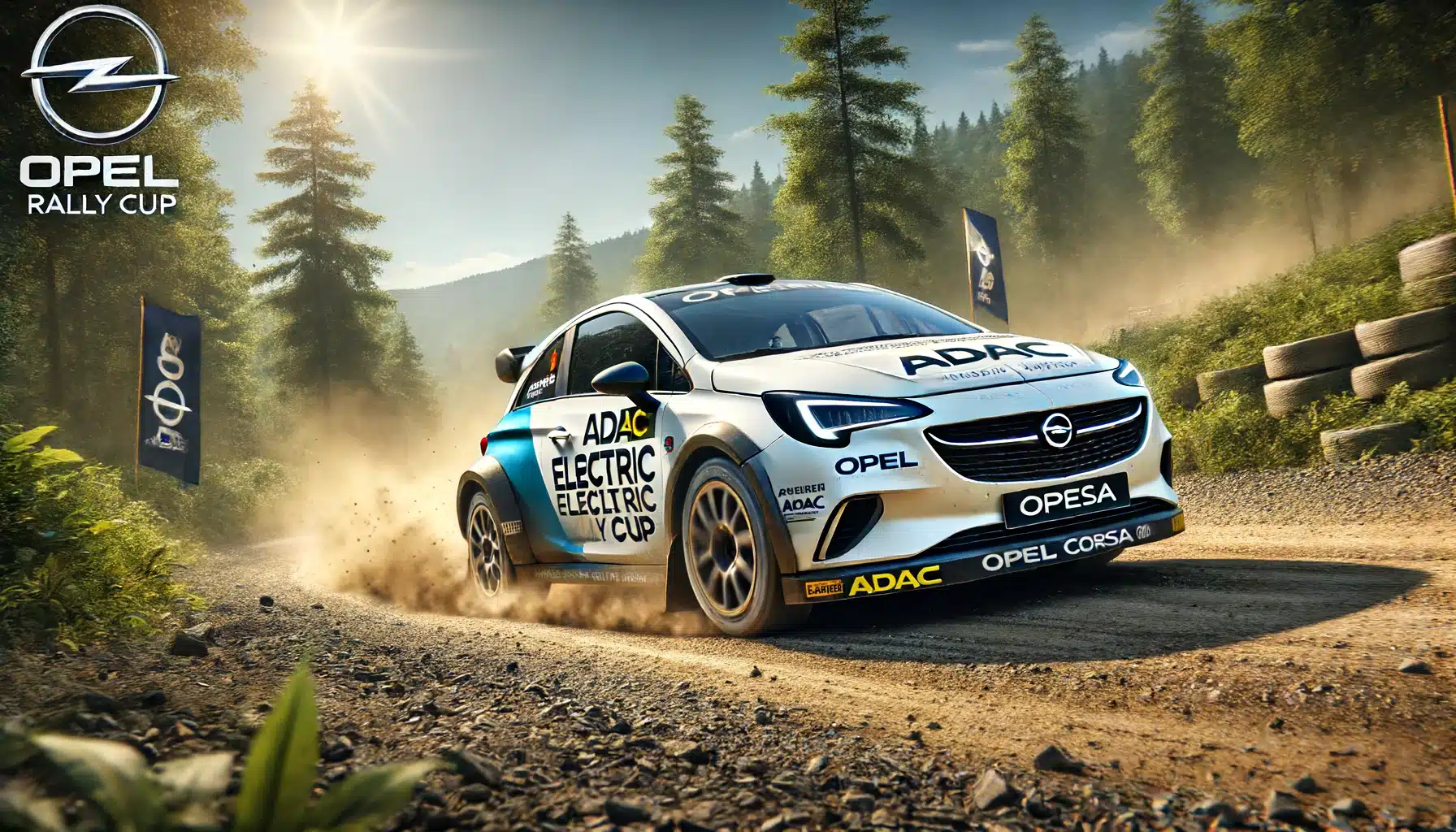 Opel Corsa Rally Electric car in action during a rally. The car is on a dirt track, kicking up dust, with lush green trees and