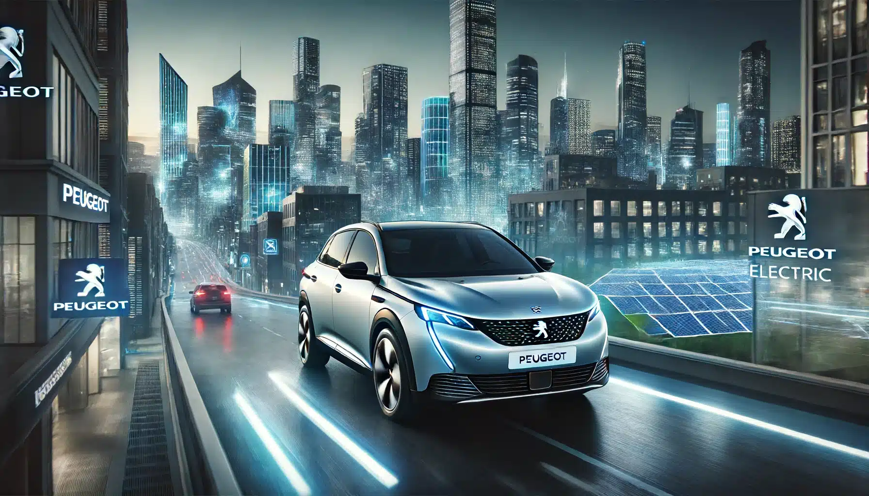 Peugeot electric vehicle driving through a futuristic cityscape at twilight. The car features advanced technology and sustainable desi