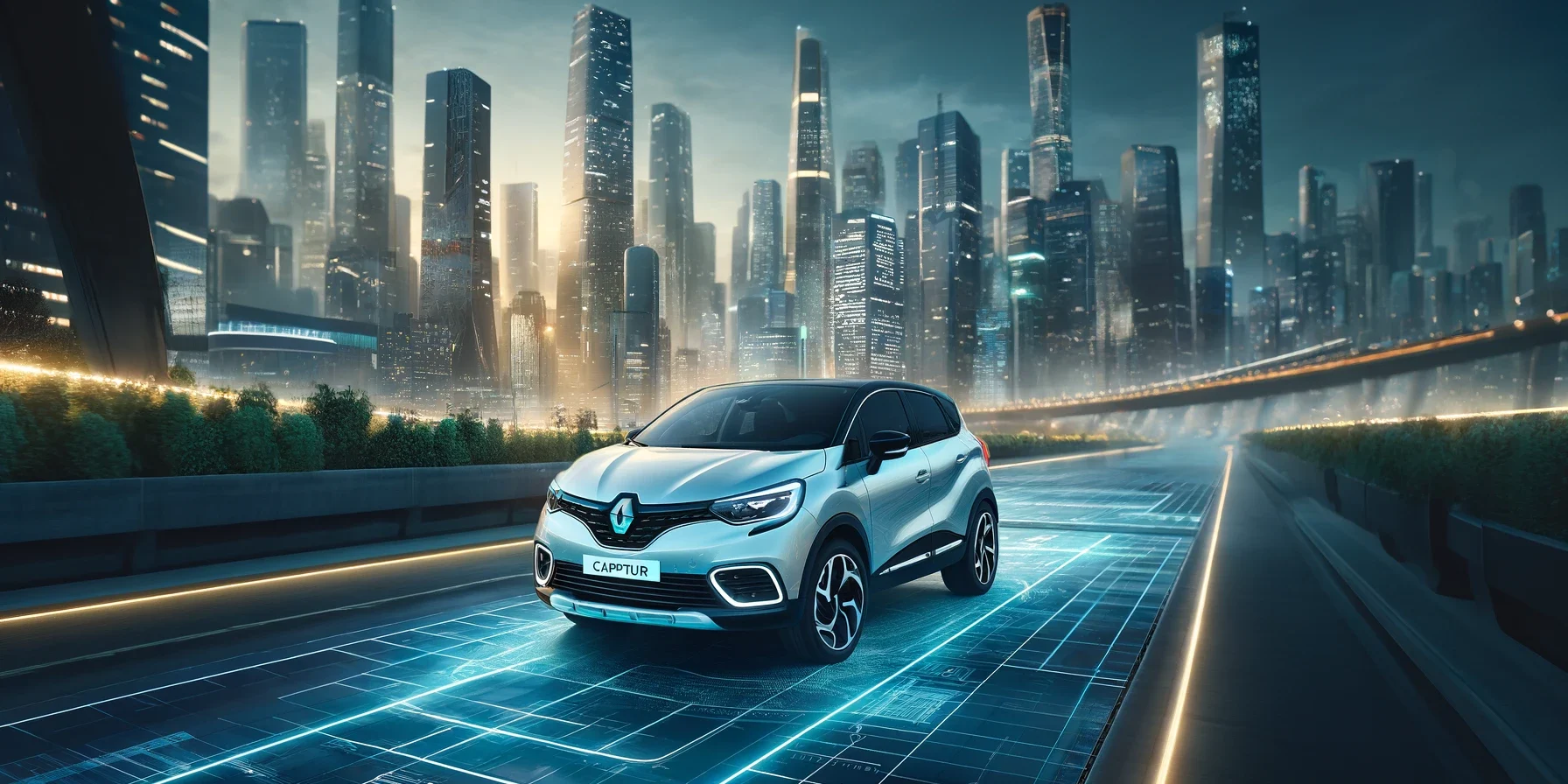 Renault Captur crossover driving through a futuristic cityscape at twilight. The vehicle showcases advanced technology and sustainable design