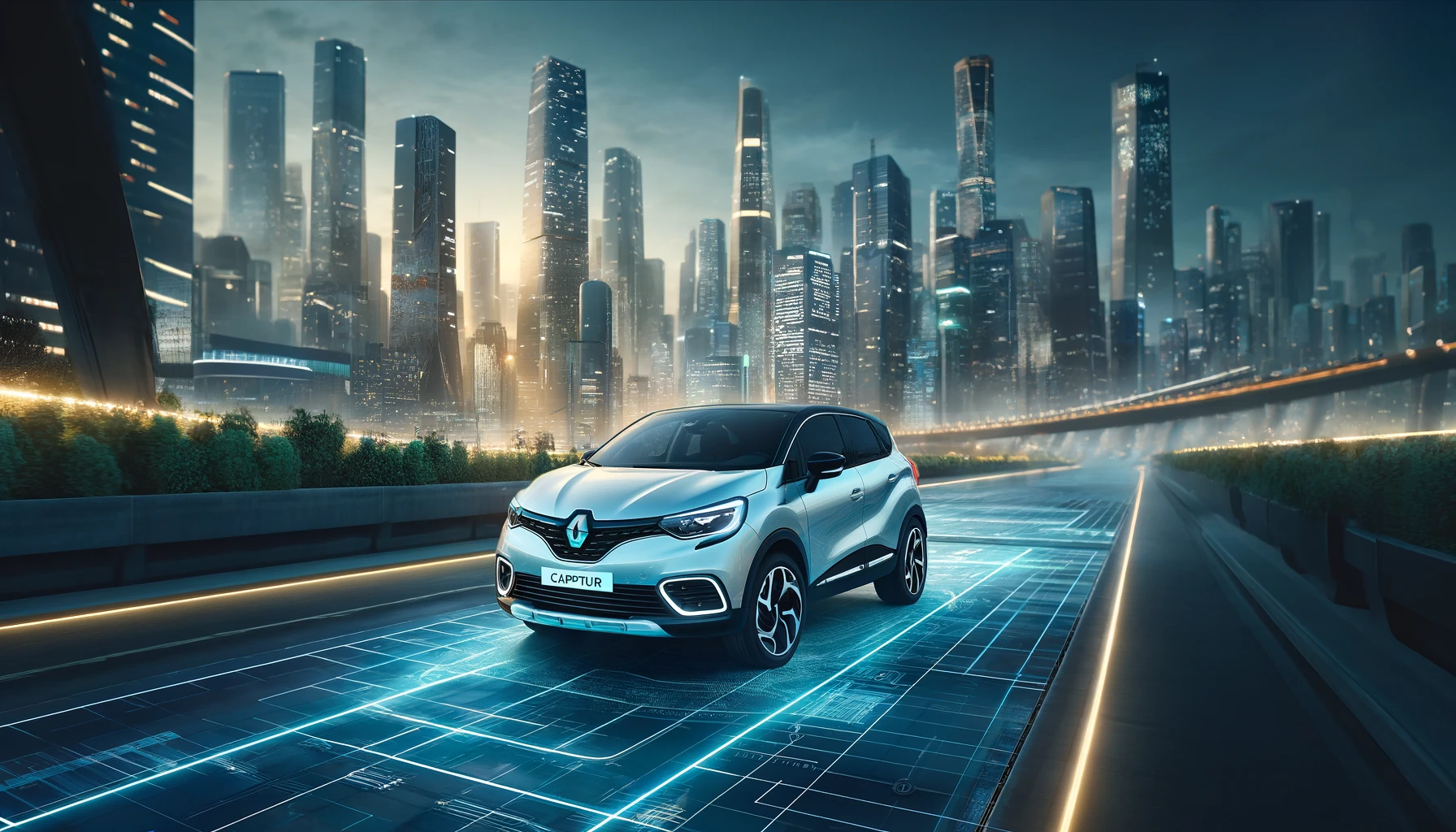 Renault Captur crossover driving through a futuristic cityscape at twilight. The vehicle showcases advanced technology and sustainable design
