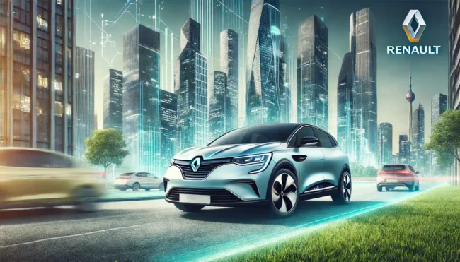 Renault car in a dynamic urban environment. The car is electric, showcasing Renault’s commitment to sustainable and innovative automot