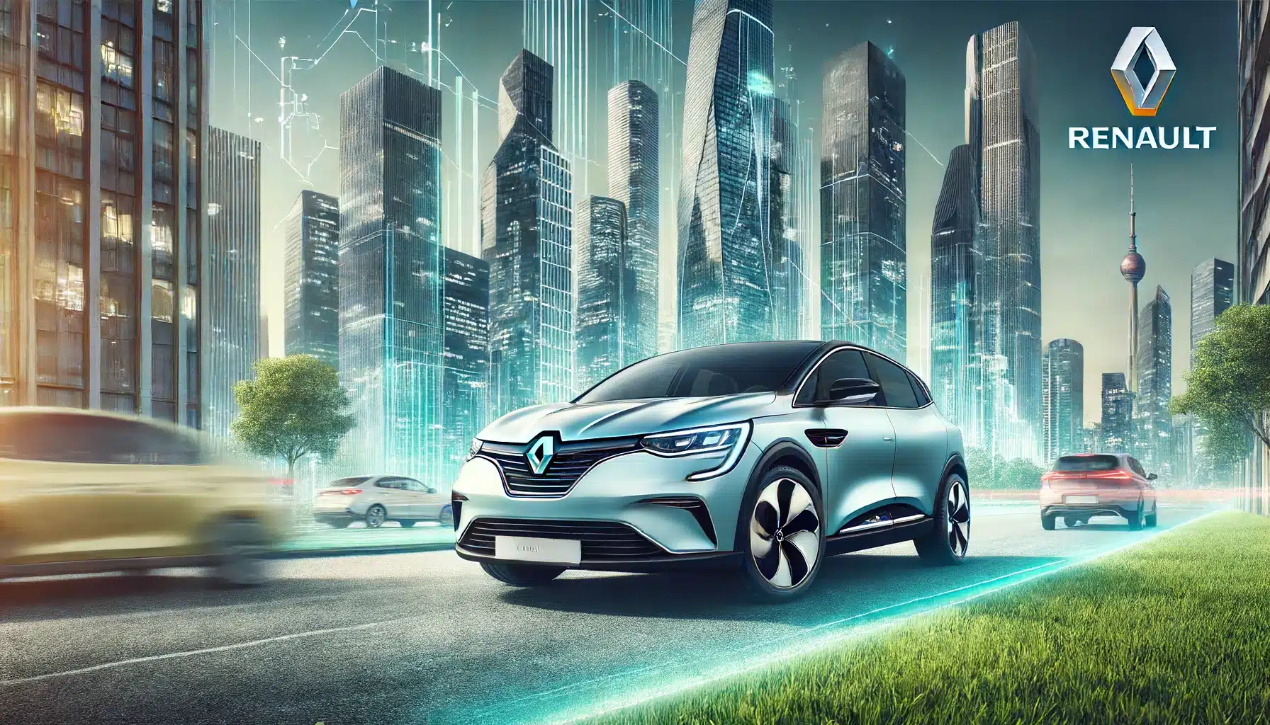 Renault car in a dynamic urban environment. The car is electric, showcasing Renault’s commitment to sustainable and innovative automot