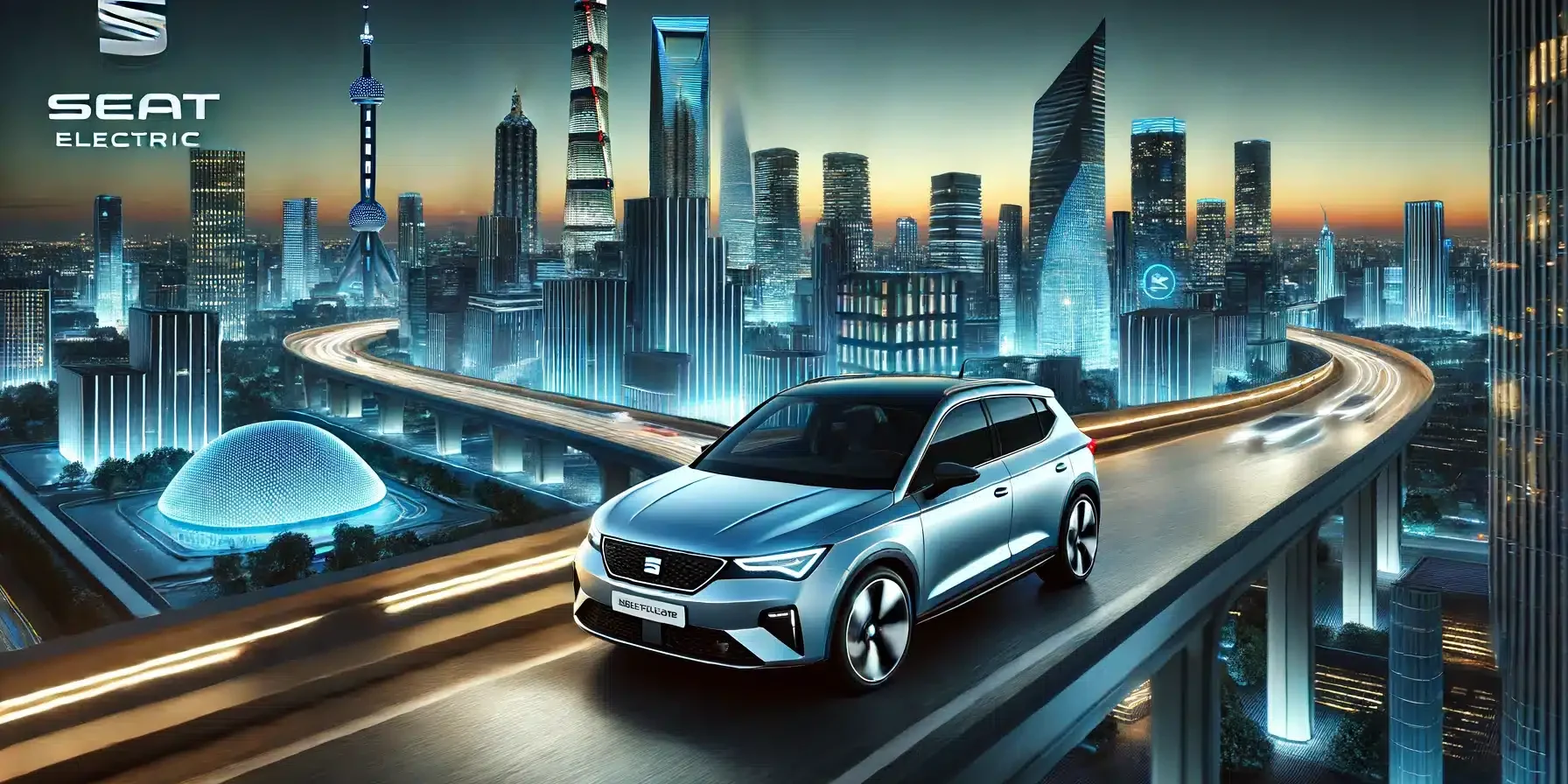SEAT electric vehicle driving through a sleek, futuristic cityscape at twilight. The car features advanced technology and sustainable design,