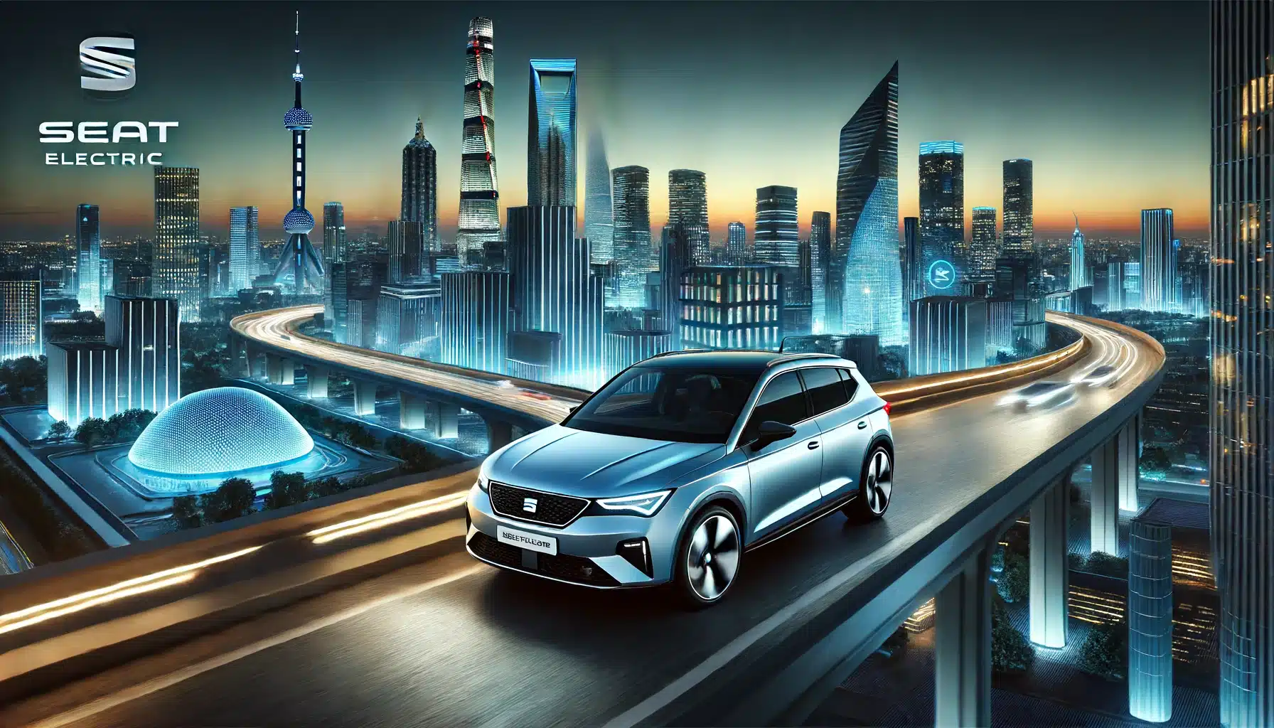 SEAT electric vehicle driving through a sleek, futuristic cityscape at twilight. The car features advanced technology and sustainable design,