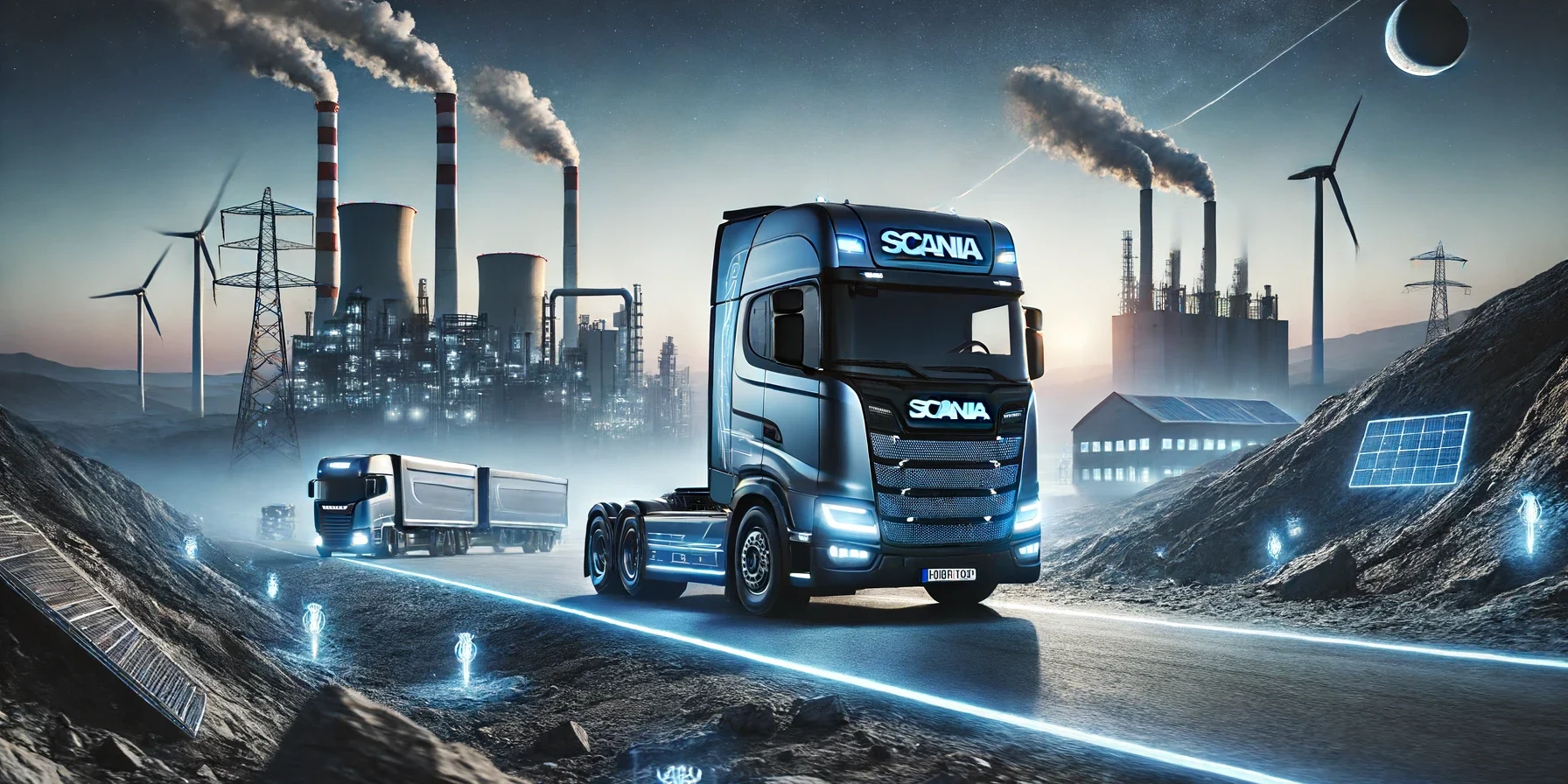 Scania electric truck driving through a rugged, industrial landscape at twilight. The truck features advanced technology and sustainable desi