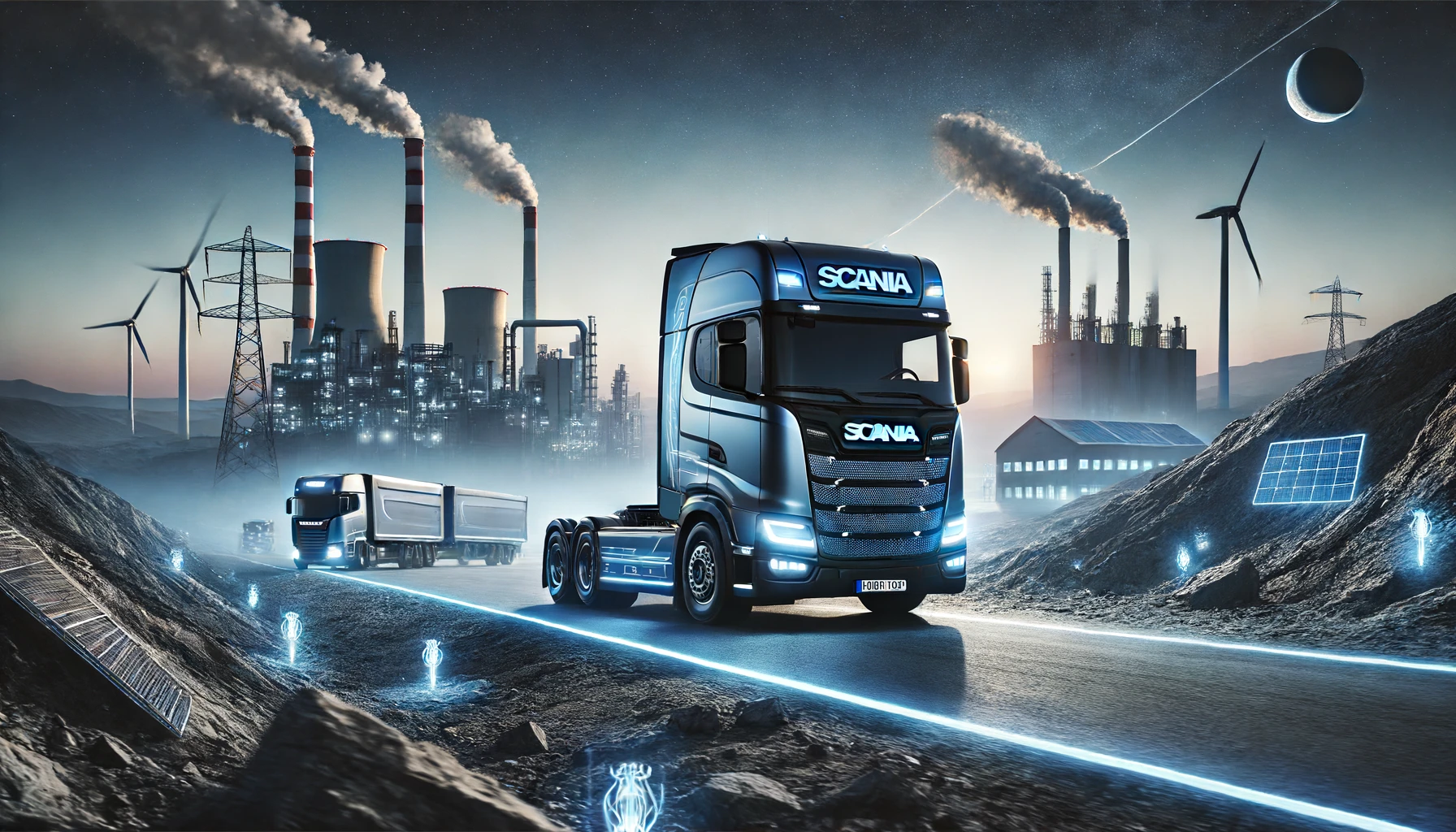 Scania electric truck driving through a rugged, industrial landscape at twilight. The truck features advanced technology and sustainable desi