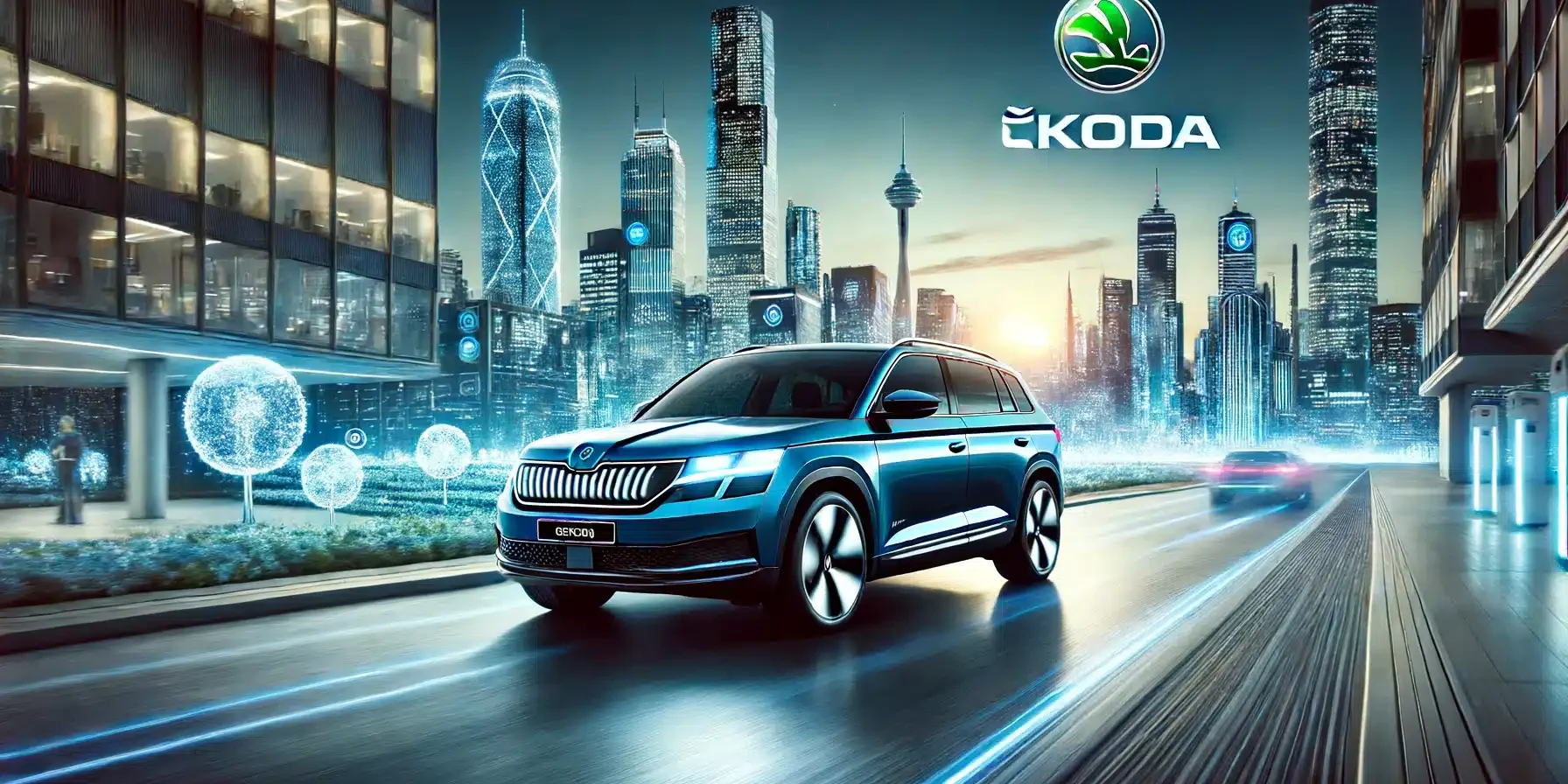 Škoda electric vehicle driving through a blue, futuristic cityscape at sunset. The car features advanced technology and eco-friendly design,
