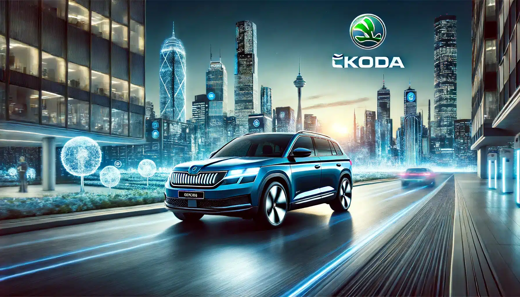 Škoda electric vehicle driving through a blue, futuristic cityscape at sunset. The car features advanced technology and eco-friendly design,