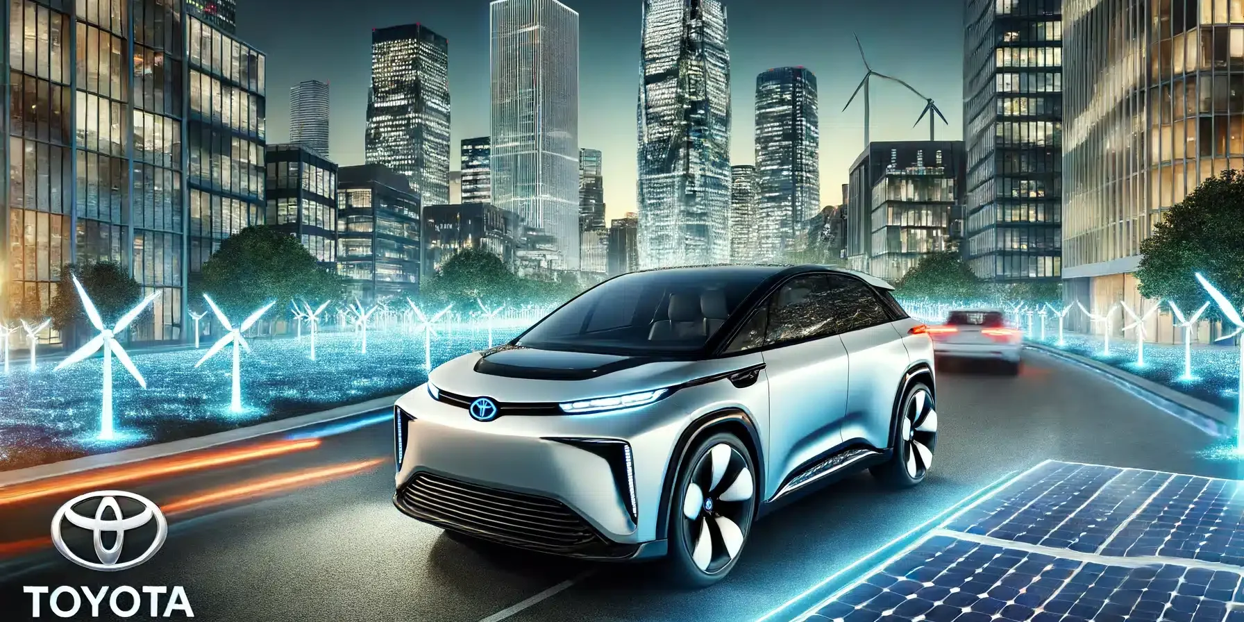 Toyota electric vehicle driving through a modern cityscape at dusk. The car features advanced technology and sustainable design, h