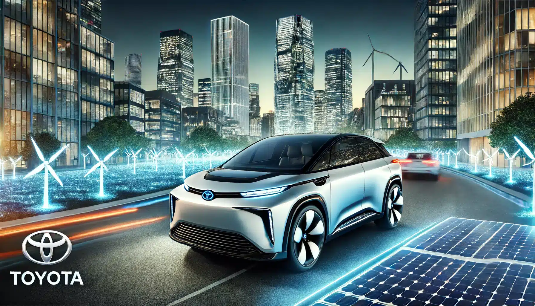 Toyota electric vehicle driving through a modern cityscape at dusk. The car features advanced technology and sustainable design, h