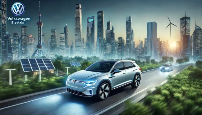 Volkswagen electric vehicle driving through a futuristic cityscape at dawn. The car features advanced technology and sustainable desig