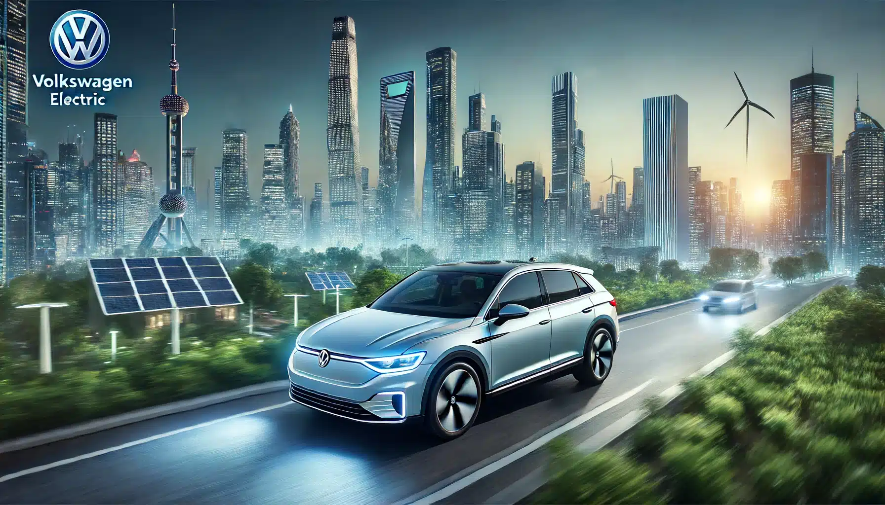 Volkswagen electric vehicle driving through a futuristic cityscape at dawn. The car features advanced technology and sustainable desig