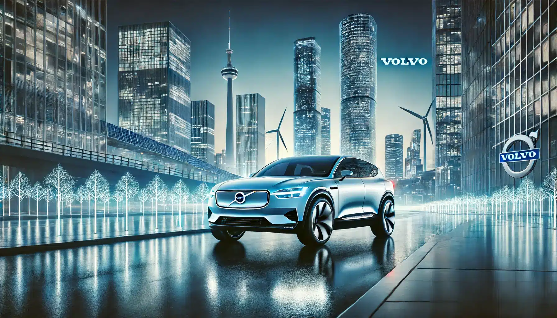 Volvo electric vehicle driving through a sleek, modern cityscape at twilight. The car features advanced technology and sustainable design