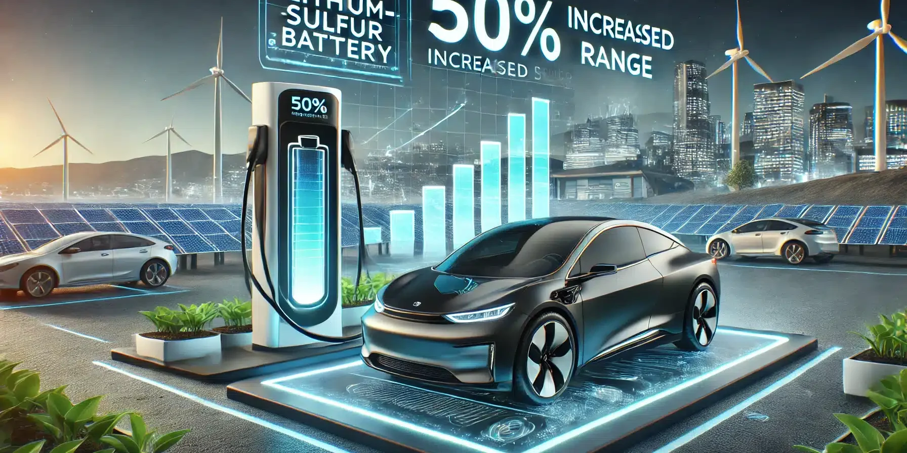 A breakthrough in battery technology_ A new lithium-sulfur battery increasing the range of electric vehicles by 50%. The image shows a sleek electric