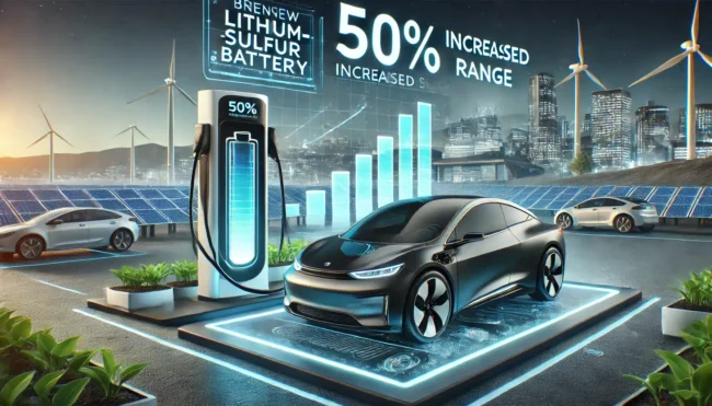 A breakthrough in battery technology_ A new lithium-sulfur battery increasing the range of electric vehicles by 50%. The image shows a sleek electric