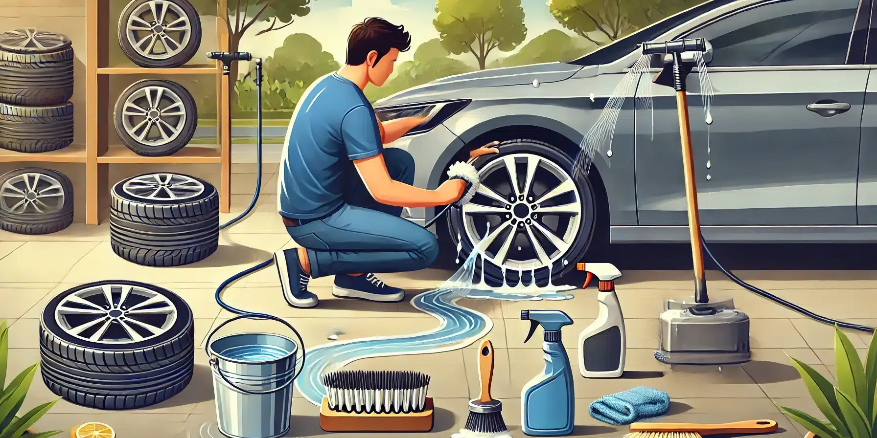 A person cleaning aluminum wheels step by step. The image should depict the person rinsing the wheels with water, applying a wheel cleaner, scrubbing