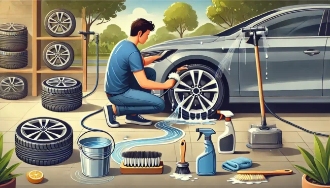 A person cleaning aluminum wheels step by step. The image should depict the person rinsing the wheels with water, applying a wheel cleaner, scrubbing