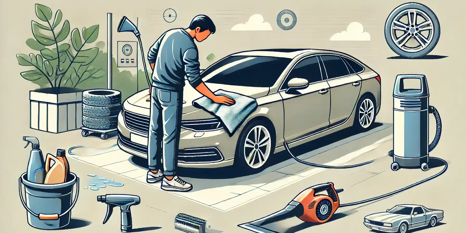 A person drying a car after washing. The image should depict the person using a microfiber towel to wipe down the car's surface, paying attention to t