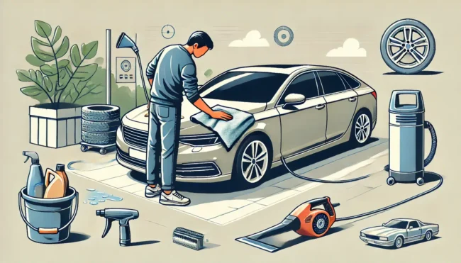 A person drying a car after washing. The image should depict the person using a microfiber towel to wipe down the car's surface, paying attention to t