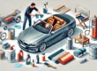 A person performing maintenance on a convertible car's roof. The image should depict the person cleaning the fabric roof, applying a protective treatm