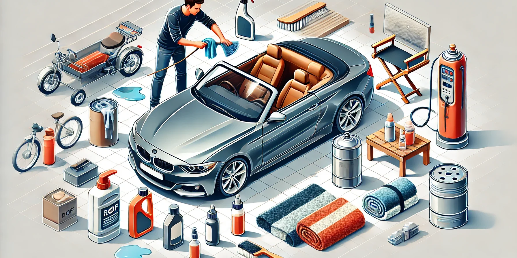 A person performing maintenance on a convertible car’s roof. The image should depict the person cleaning the fabric roof, applying a protective treatm A person performing maintenance on a convertible car's roof. The image should depict the person cleaning the fabric roof, applying a protective treatm