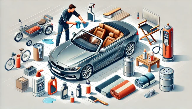 A person performing maintenance on a convertible car's roof. The image should depict the person cleaning the fabric roof, applying a protective treatm