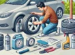 A person taking care of car tires, showing the steps for tire maintenance. The image should depict the person checking tire pressure, cleaning the tir