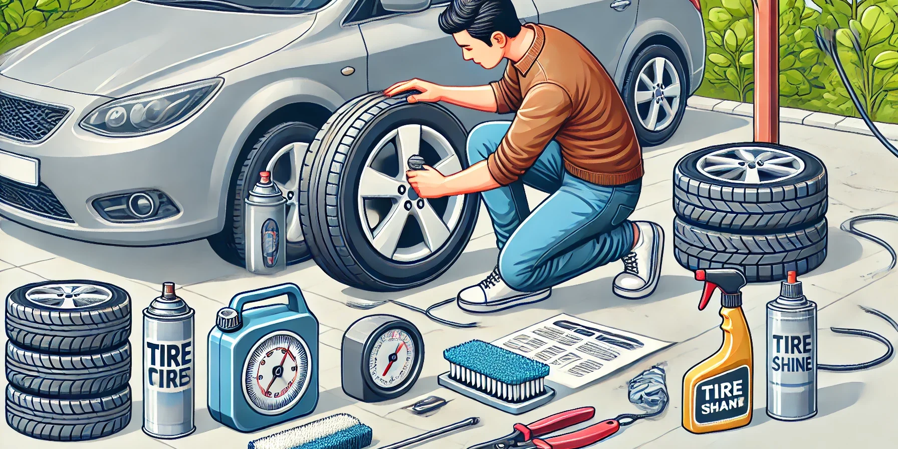 A person taking care of car tires, showing the steps for tire maintenance. The image should depict the person checking tire pressure, cleaning the tir