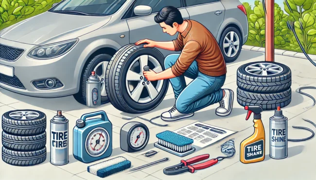 A person taking care of car tires, showing the steps for tire maintenance. The image should depict the person checking tire pressure, cleaning the tir