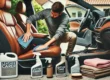 A person taking care of leather upholstery in a car. The image should depict the person cleaning the leather seats with a specialized cleaner, applyin