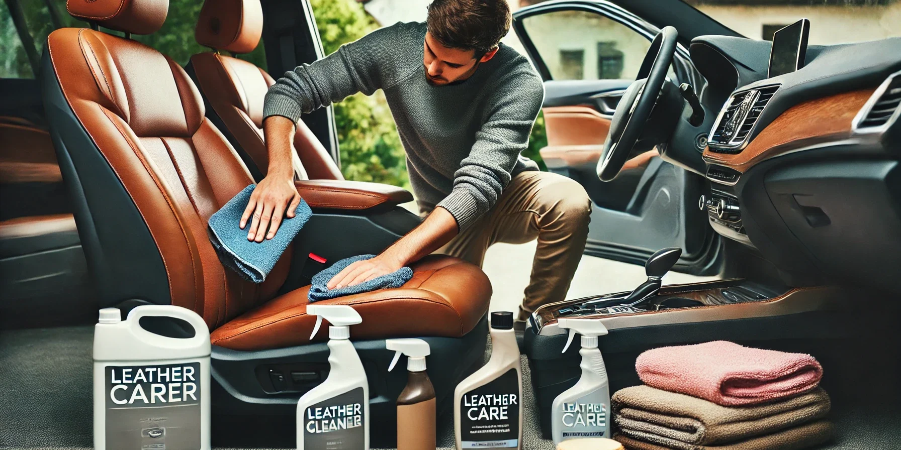 A person taking care of leather upholstery in a car. The image should depict the person cleaning the leather seats with a specialized cleaner, applyin