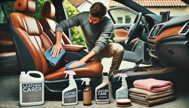 A person taking care of leather upholstery in a car. The image should depict the person cleaning the leather seats with a specialized cleaner, applyin