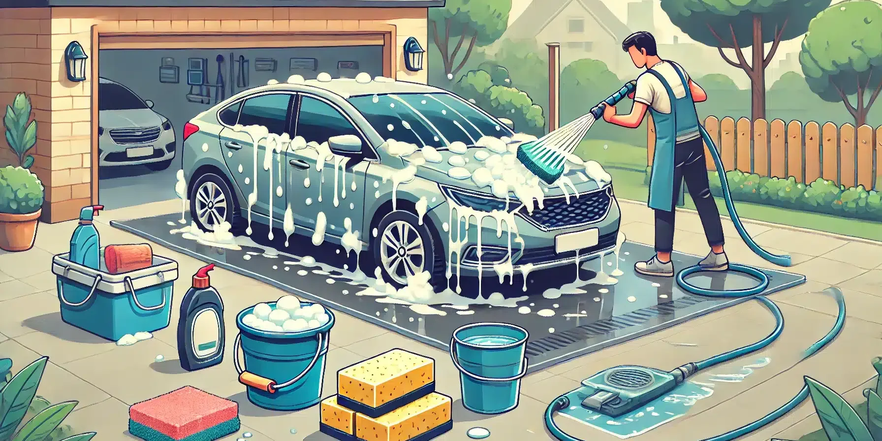 A person washing a car at home, showing the proper steps for car washing. The image should depict the person using a hose to rinse the car, applying s