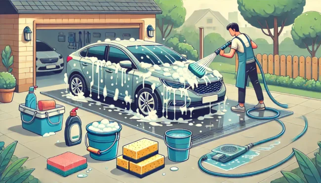 A person washing a car at home, showing the proper steps for car washing. The image should depict the person using a hose to rinse the car, applying s