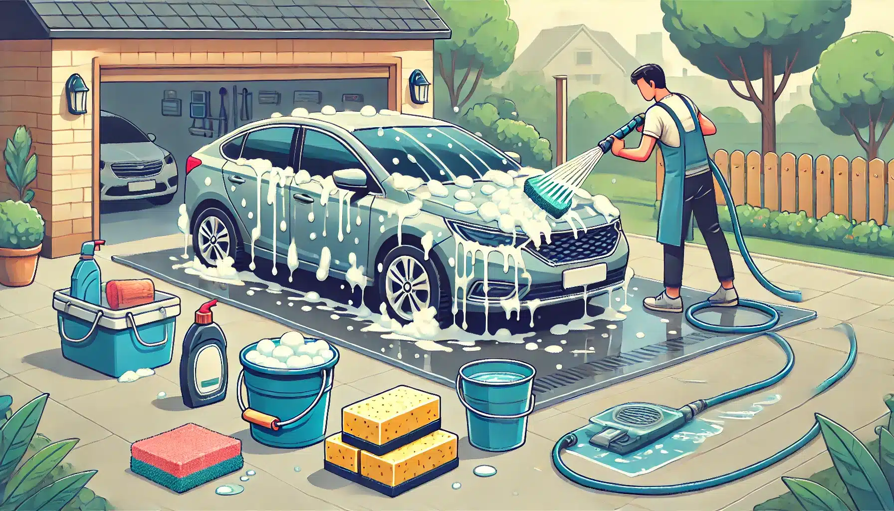 A person washing a car at home, showing the proper steps for car washing. The image should depict the person using a hose to rinse the car, applying s