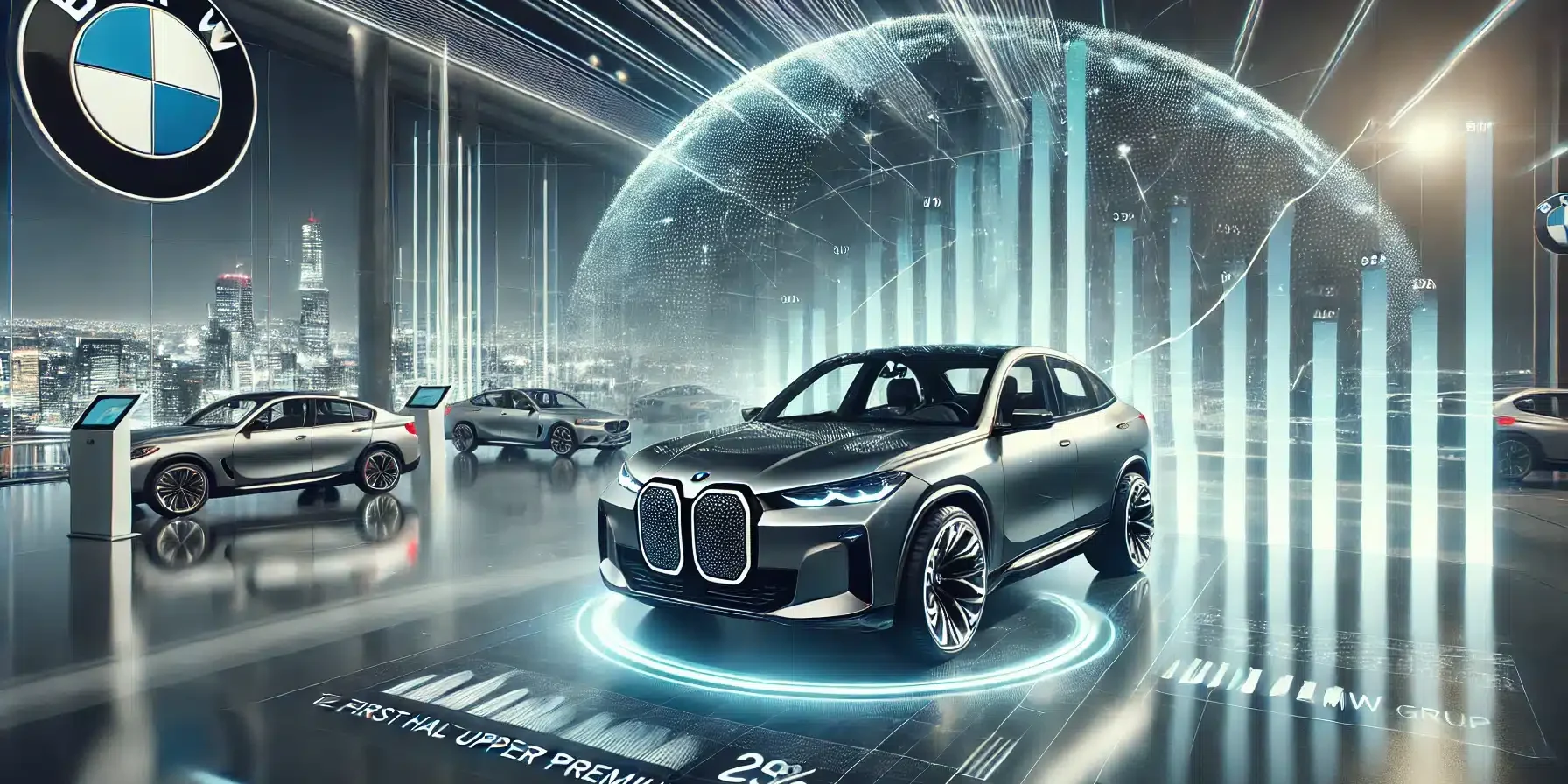 BMW Group's strong growth in fully-electric vehicles and the upper premium segment in the first half of 2024. The image featur