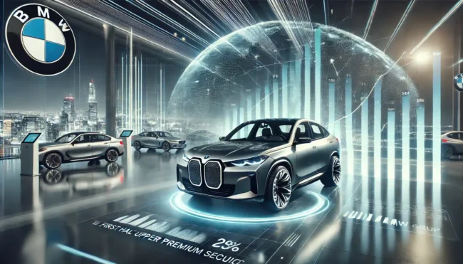 BMW Group's strong growth in fully-electric vehicles and the upper premium segment in the first half of 2024. The image featur